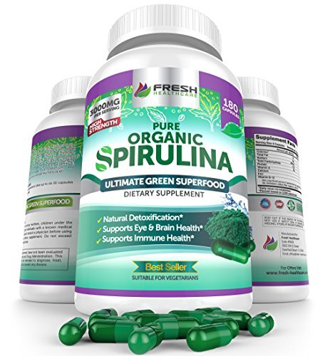 PURE SPIRULINA Powder 180 Capsules ✮ Highest Quality Organic Spirulina 100% Vegetarian ✮ Natural Multivitamin for Full Body Health by Fresh Healthcare PURE SPIRULINA Powder 180 Capsules ✮ Highest Quality Organic Spirulina 100% Vegetarian ✮ Natural Multivitamin for Full Body Health by Fresh Healthcare
