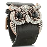 Leather and Crystal Owl Cuff Bracelet