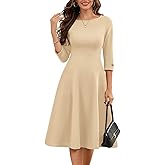 HomRain Women's Fit and Flare Midi Dress-3/4 Sleeve Modest Church Dress Classy Causal Work Dresses with Pockets