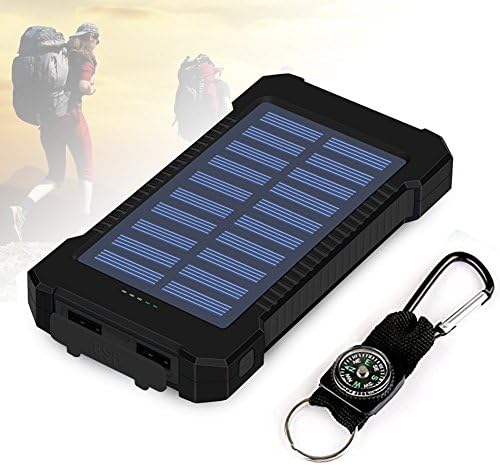 Foreverrise 10000mAh Solar Charger Dual USB Battery Pack Portable Phone Solar Power Bank Waterproof Battery Charger with LED Light and Carabiner with Compass Pack for Most USB Devices(Black)