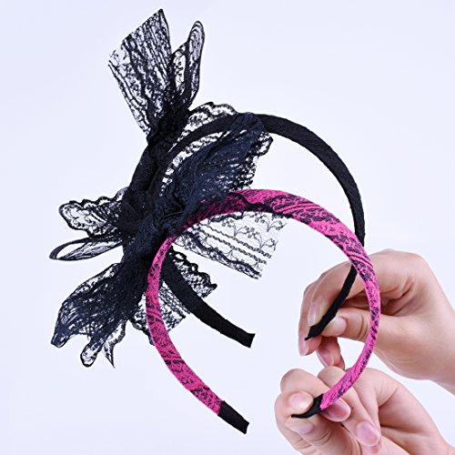 LEKUSHA Women's 80s Costume Accessories Neon Lace Headband Hair Band with Bow, Black Rose Red, Set of 2