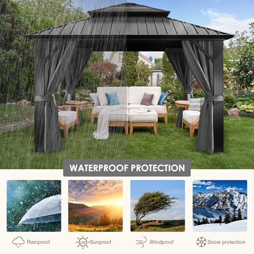 Gazebo Curtains 10'x12' Waterproof, Universal Replacement Privacy Curtain, 4-Panels Sidewall Curtains with Zipper for Patio, Garden and Backyard (Only Curtain) (Grey-1, 120W x 144L inch (4 Panels))