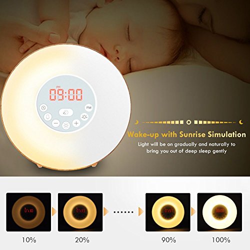 Wood Grain Alarm Clock with Sunrise Sunset Simulation&FM Clock Radio&6 Nature Sounds&7 Colors Night Light&Snooze Functions, Bedroom Alarm Clock for Kids Teens Adults