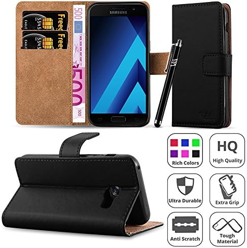 Galaxy A3 2017 Case - Wallet Book [Stand View] Card Case Cover Premium Leather Folio Case Galaxy A3 2017 Screen Protector, Microfibre Polishing Cloth Touch Stylus Pen (Black)