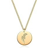LADYGD Birth Flower Necklace 18K Gold Plated Necklaces for Women Disc Cuban Birthday Gold Jewelry Gifts for Women 12 Month