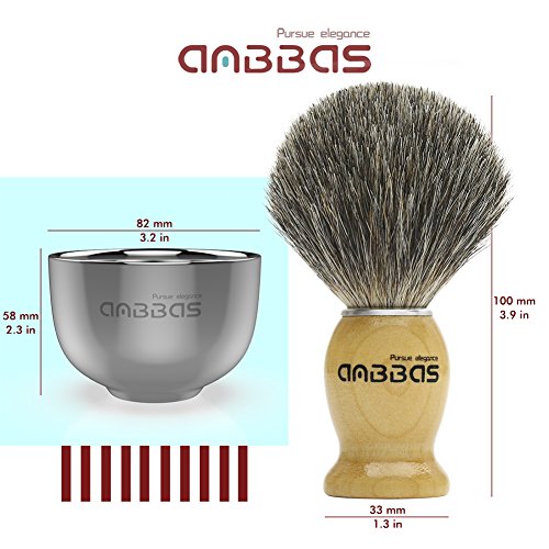 Shaving Brush Set, 4in1 Anbbas Fine Badger Shave Brush Wood Handle,Stainless Steel Shaving Stand and Soap Cup Dia 3.2inches with Shaving Soap Bar Natural Organic 3.5oz for Men