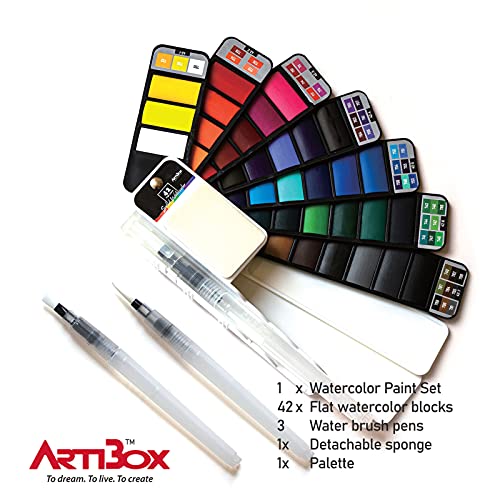 FanShaped 42 Watercolor Paint Set by Artibox 3 Water Squeeze Brushes