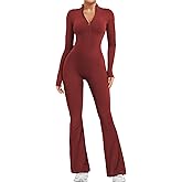 YEOREO Women Long Sleeve Flare Workout Jumpsuit Zip Up Romper Bottom Pants Wide Leg Bodysuit Bodycon Sexy One Piece
