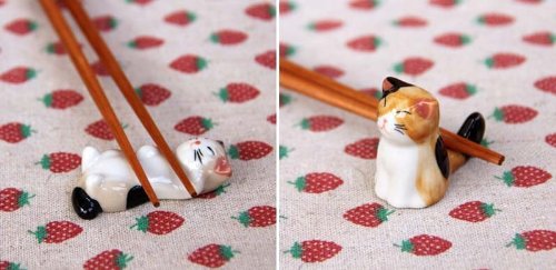 6pcs Chinese Ceramic Cat Pattern Chopstick Rest Spoon Fork Knife Holder