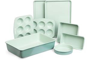 Larder & Vine Bakeware Set - PFAS/PFOA/PTFE Free, Heavy Duty Aluminized Steel with Ceramic Finish, Includes Sheet Pans, Loaf Pan, Muffin Tins, Round Pan, Square Pan, Roasting Pan (Sage)