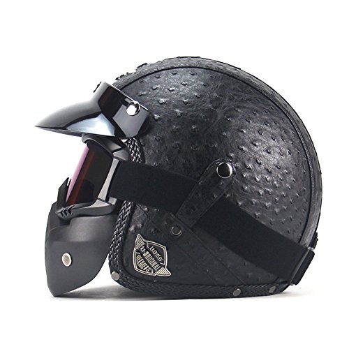 AUTOPDR Open Face Vintage Motorcycle Helmet PU Leather Harley Helmets 3/7 Motorcycle Chopper Bike Helmet with Goggle Mask XL(61-62cm)