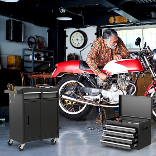 Goplus Rolling Tool Chest, 5 Drawers Tool Storage Cabinet with Universal Lockable Wheels, Detachable Top Toolbox, Lock Bar, Protective Liner, Heavy Duty Metal Tool Cart, Tool Box for Workshop Garage