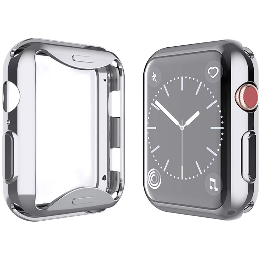 YoLin [2-Pack] All-around TPU Screen Protector Compatible with Apple Watch Series 3 42mm, Soft Protective Case For iwatch 42mm (1 Silver + 1 Transparent)