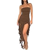 Balimtoy Women's Y2k Strapless Ruffle Bodycon Maxi Dress Tube Top Ruched Split Thigh Formal Club Party Long Dresses