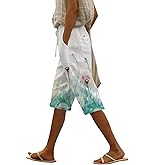 Women's Shorts Boho Floral Print Bermuda Shorts Loose Casual Drawstring High Waist Lightweight Knee Length Trousers