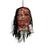 Halloween Haunters Life-Size Hanging Animated Decapitated Zombie Ghoul Head with Moving Jaw Mouth That Screams Prop Decoration - Rubber Latex Flashing Eye - Table Top Haunted House Graveyard Display
