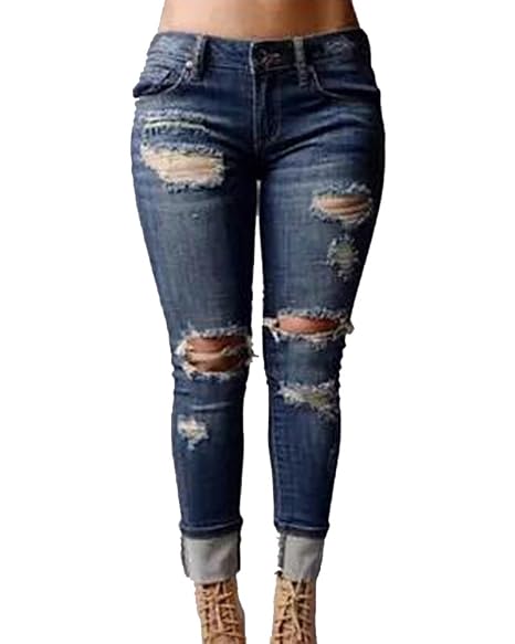 Damen Stretch Röhrenjeans Zerrissene Boyfriend Denim Jeans Skinny Lässige Hosen