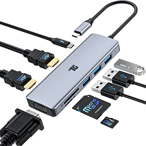 USB C Hub, USB C Adapter, Tiergrade 9 in 1 Triple Display Collage Display Typ C Adapter mit 2 4K HDMI, VGA, PD 3.0, USB 3.0 und TF/SD Kartenleser für MacBook und Typ-C Laptops