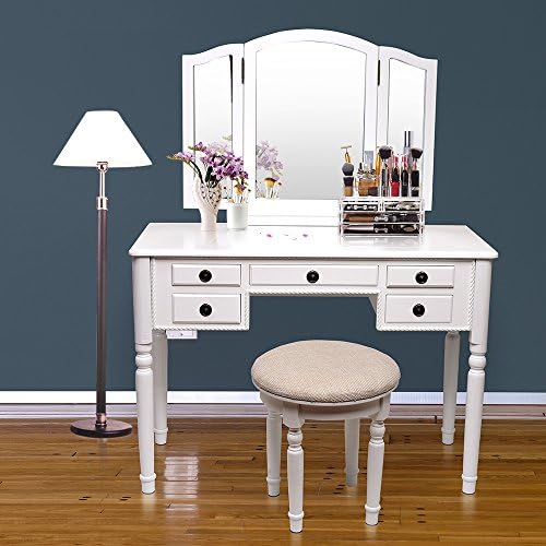 Blongang Vanity Set Tri-Folding Mirror Vanity Make-up Table Bedroom Dressing Table Set with Stool 5 Drawers (White)