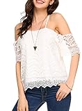 POGTMM Women's Summer Lace Off Shoulder Tops Spaghetti Straps Short Sleeve Casual Blouses