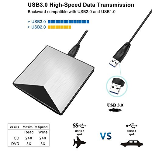 External DVD Drive, VikTck USB 3.0 CD DVD Burner Drive Writer Player Fire Prevention Aluminum and PC Ultra Slim Portable for Windows, Laptop, Mac, Macbook Air/Pro, Apple, Desktop, PC (Silver)