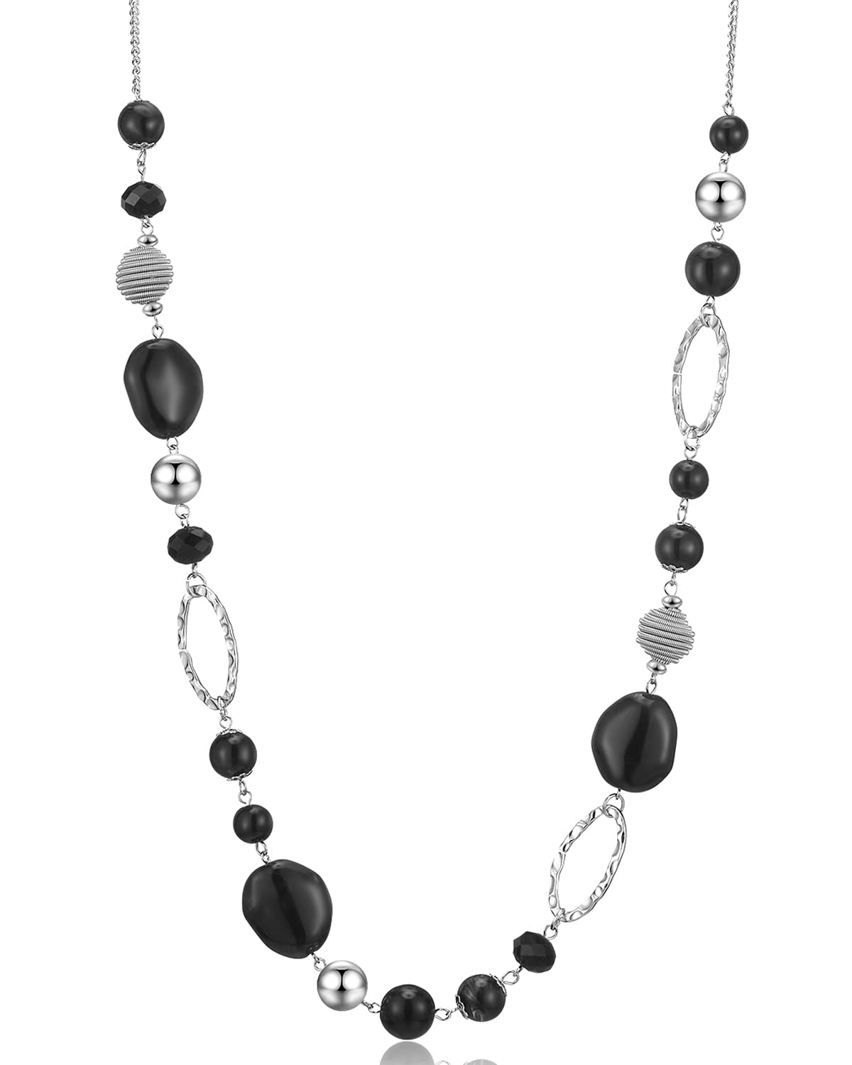 BULINLIN Beaded Long Silver Necklaces for Women, Handmade Statement Sweater Chain Necklace with Crystal Beads for Fashion Jewelry gifts(Black)