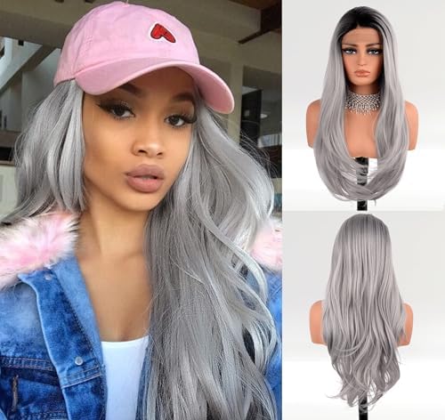 EALGA Ombre Black Grey Lace Front Wigs for Women Silver Grey Hair