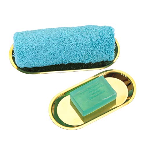 AJIEVWU Decorative Metal Tray Stainless Steel Towel Tray Metal Storage Organizer Trays for Bathroom Vanity Countertops Dressers Dish Plate Tea Fruit Trays Cosmetics Jewelry Oval Tray 2PCS (Gold)