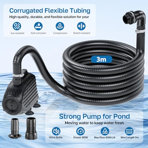 POPOSOAP Pond Waterfall with 4500 L/H Pond Pump, 3m Corrugated Tubing, Filter Media, Pond Waterfall Filter for Outdoor Garden Pond, Streams, Water Features