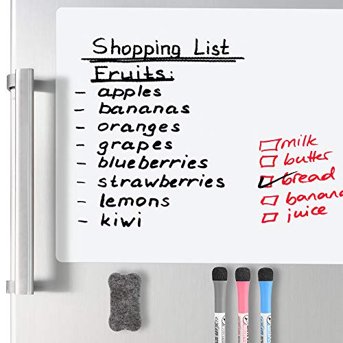 Magnetic Whiteboard for Refrigerator - 18x12" Dry Erase Fridge White Board with New Stain Resistant Technology - Include 3 Magnetic Markers & Eraser - Reminder Board - Menu Planner