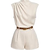 SOLY HUX Women's Summer Ruched Mock Neck Romper Elegant Cap Sleeve Belted Work Short Jumpsuits