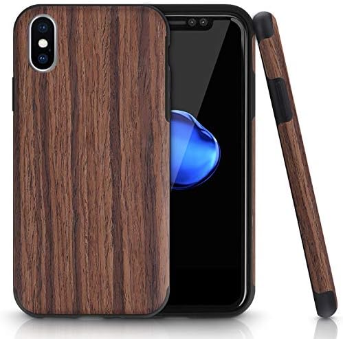 Welldful Compatible iPhone XS MAX case, Natural Wood Back Flexible TPU Rubber Hybrid Arc Bumper Shockproof Case for iPhone XS MAX 6.5" -Red Sandalwood