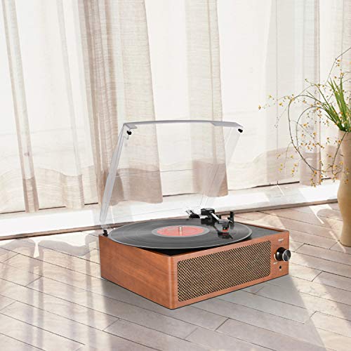Bluetooth Record Player Belt-Driven 3-Speed Turntable, Vintage Vinyl Record Players Built-in Stereo Speakers, with Headphone Jack/ Aux Input/ RCA Line Out, Wooden - Thumbnail 4
