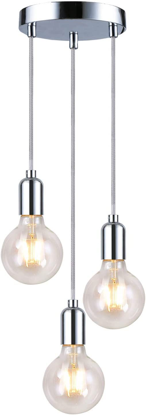 Modern Spiral 3 Pendant Light Fitting, Retro E27 Edison Style Lamp Holder ,Suspended Pendant Ceiling Light Fitting-Chrome