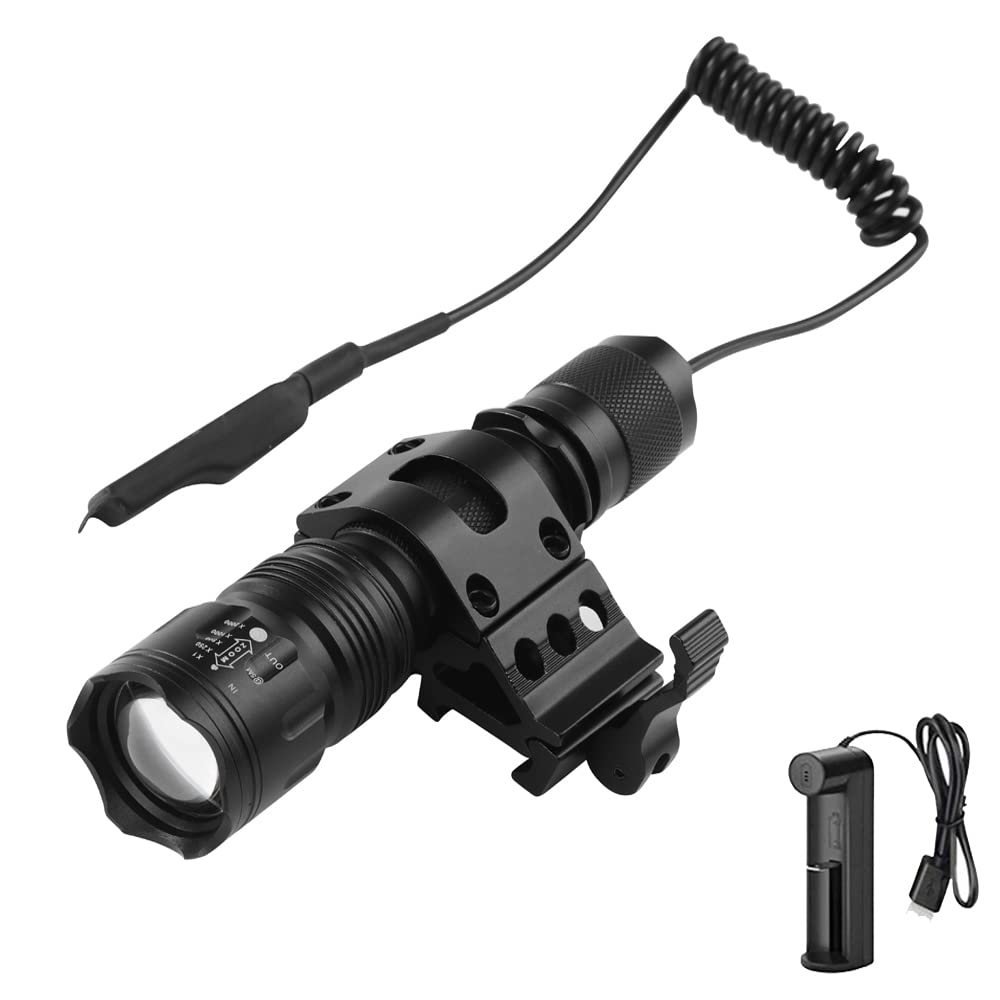 WESLITE Tactical Torch LED Rechargeable, 1200 Lumens Super Bright Matte Black Tactical Flashlight for Hunting with Pressure Pad, QD Offset Rail Mount and Battery Charger Zoomable & 5 Modes