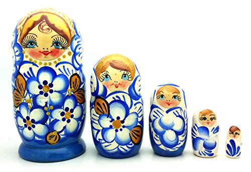 Russian Nesting Doll Matryoshka Gzhel style Hand Painted Nesting Doll set of 5