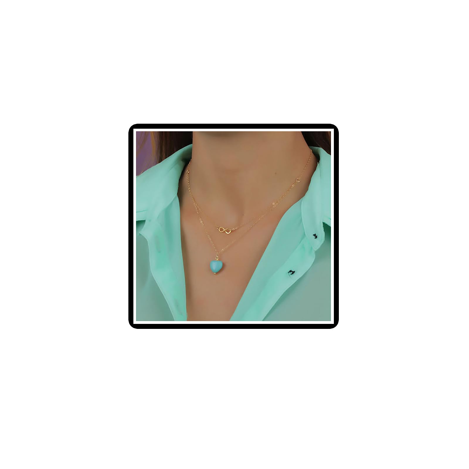 Turquoise Heart Infinity Pendant Necklace Boho Layered Lucky 8 Chain Western Costume Jewelry for Women Girls (Gold)