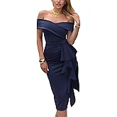 CurvySweet Women's Off The Shoulder Formal Evening Midi Dress Built-in Bra Bodycon Ruched Slit Elegant Holiday Cocktail Party