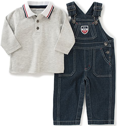 Tommy hilfiger baby denim overall with polo set, gray, 6/9 months
