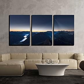 3 Piece Canvas Wall Art - Sunrise in Mountains of Austrian Alps with Moonlight and Reflecting Lake - Modern Home Art Stretched and Framed Ready to Hang - 16"x24"x3 Panels
