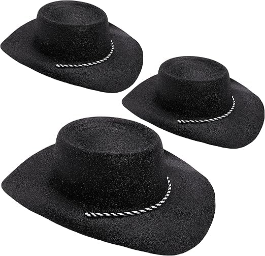 Toyland® Pack of 3-34cm (13") Black Glitter Cowboy Hats - Festivals, Concerts, Fancy Dress & Hen Do Accessories