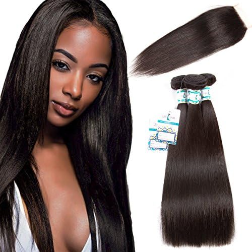 Hair Straight Weave 7A Brazilian Virgin Hair 3 Bundles with Lace Closure Free Part Mixed Size Length Hair Weft(18 20 22 +18 Closure)