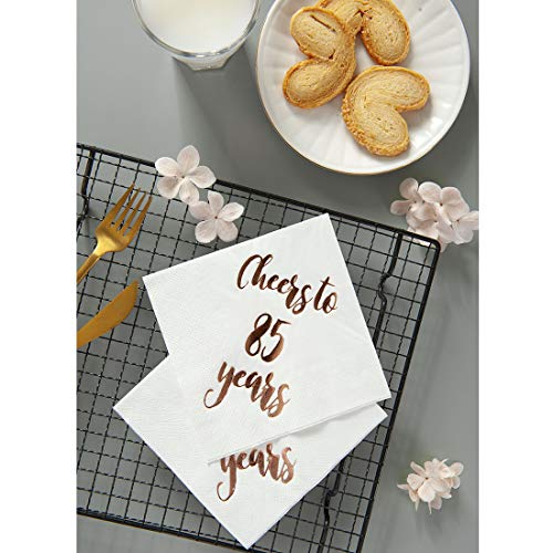 Cheers to 85 Years Cocktail Napkins, 50-Pack 3ply White Rose Gold 85th Birthday Dinner Celebration Party Decoration Napkin