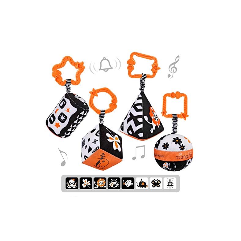 TUMAMA High Contrast Shapes Sets Baby Toys, Black and White Stroller Toy for Car Seat Baby Plush Rattles Rings Hanging…
