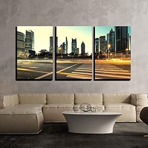 3 Piece Canvas Wall Art - The Light Trails on The Modern Building Background in Shanghai China - Modern Home Art Stretched and Framed Ready to Hang - 16"x24"x3 Panels