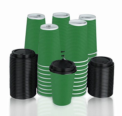 Disposable Hot Coffee Insulated Cups By Golden Spoon â€“ 50 Pack Set Complete With Lids â€“ Stylish Contemporary Ripple Design - Perfect For Take Away Coffee Shops And Bars (16 oz, Green)