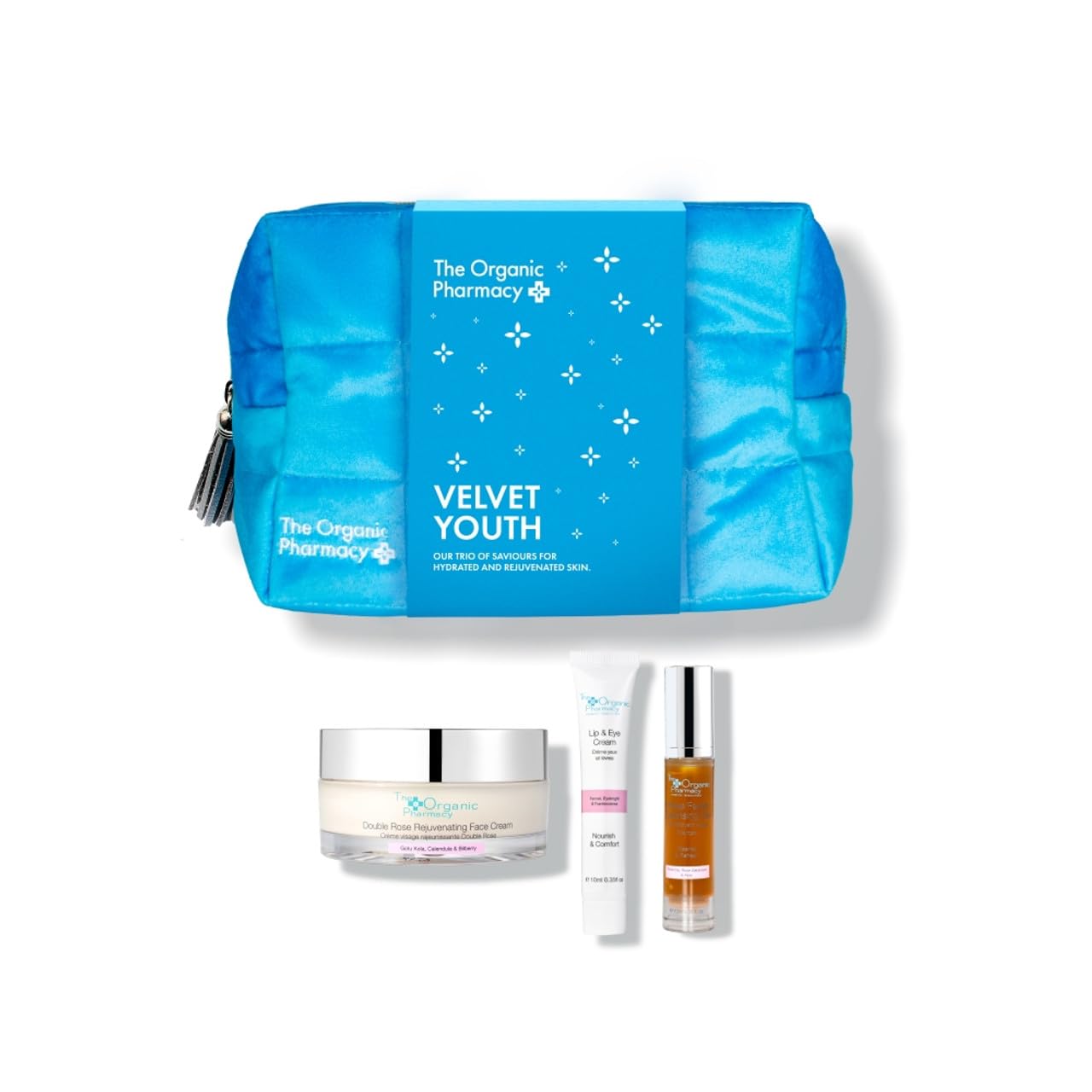The Organic Pharmacy Velvet Youth, Kit, 70ml - Rejuvenate & Moisturise, With our Cleansing Gel, Face Cream and Lip+ Eye Cream, With Rosehip, Beeswax, Calendula, Organic <82.03%