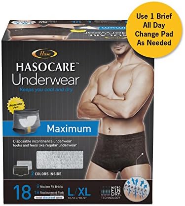 HASOCARE Breathable Incontinence Underwear For Men, Maximum Absorbency, Large/X-Large, 9 Disposable Briefs + 18 Replacement Pads