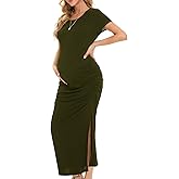 Smallshow Women's Split Long Maternity Dress Short Sleeve Ruched Pregnancy Clothes