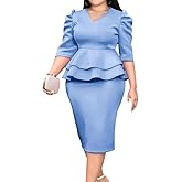 ONTINVA Women V-Neck Plus Size Peplum Dress Church Wear to Work Bodycon Short Sleeve Midi Dresses Valentine Outfits